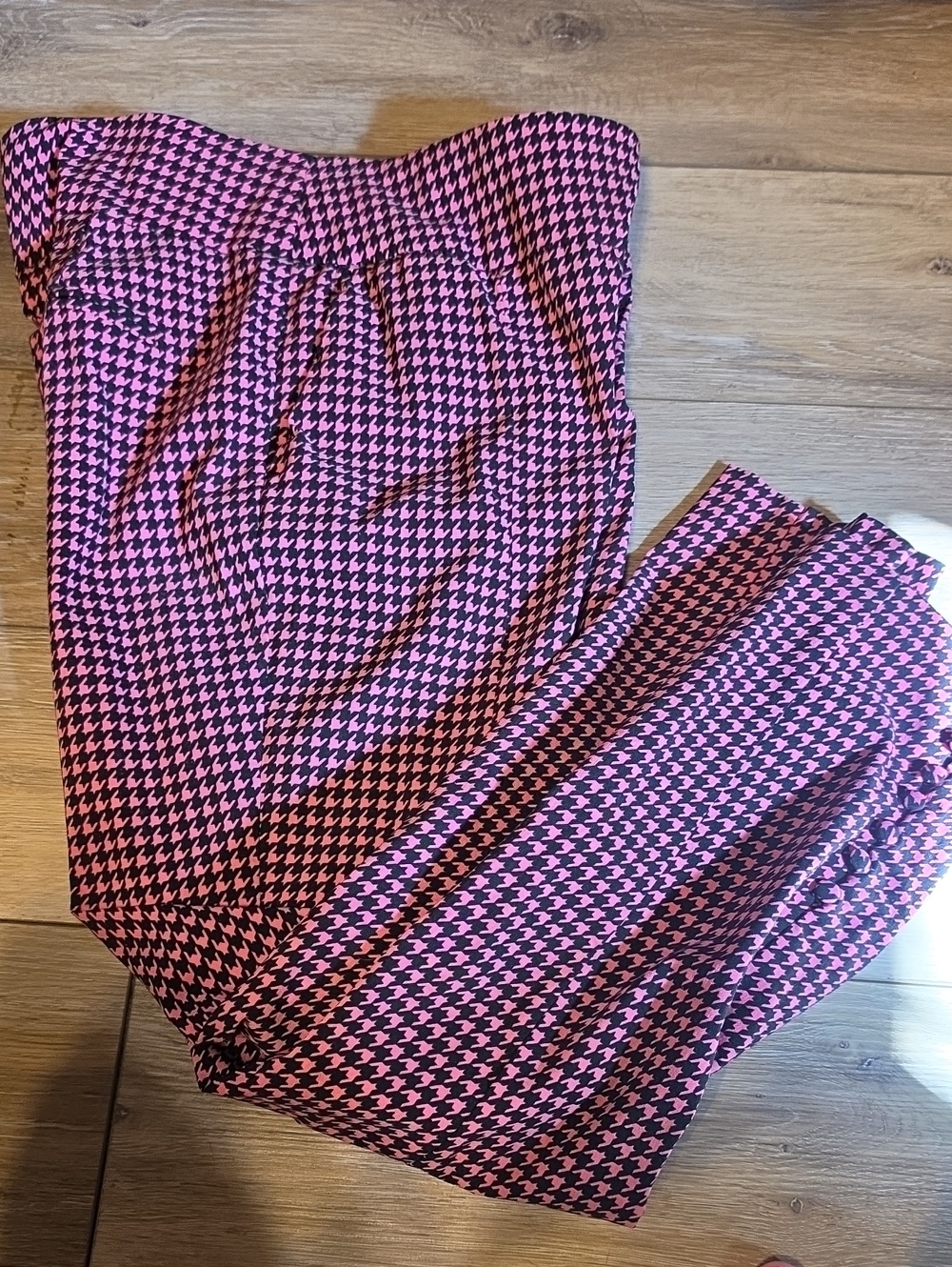 Women's Pink & Black Houndstooth Wide-Leg Pants